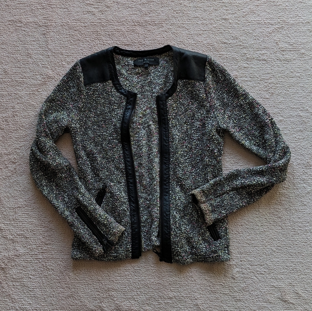 rag & bone Lory multicolor tweed moto jacket with leather trim, size XS